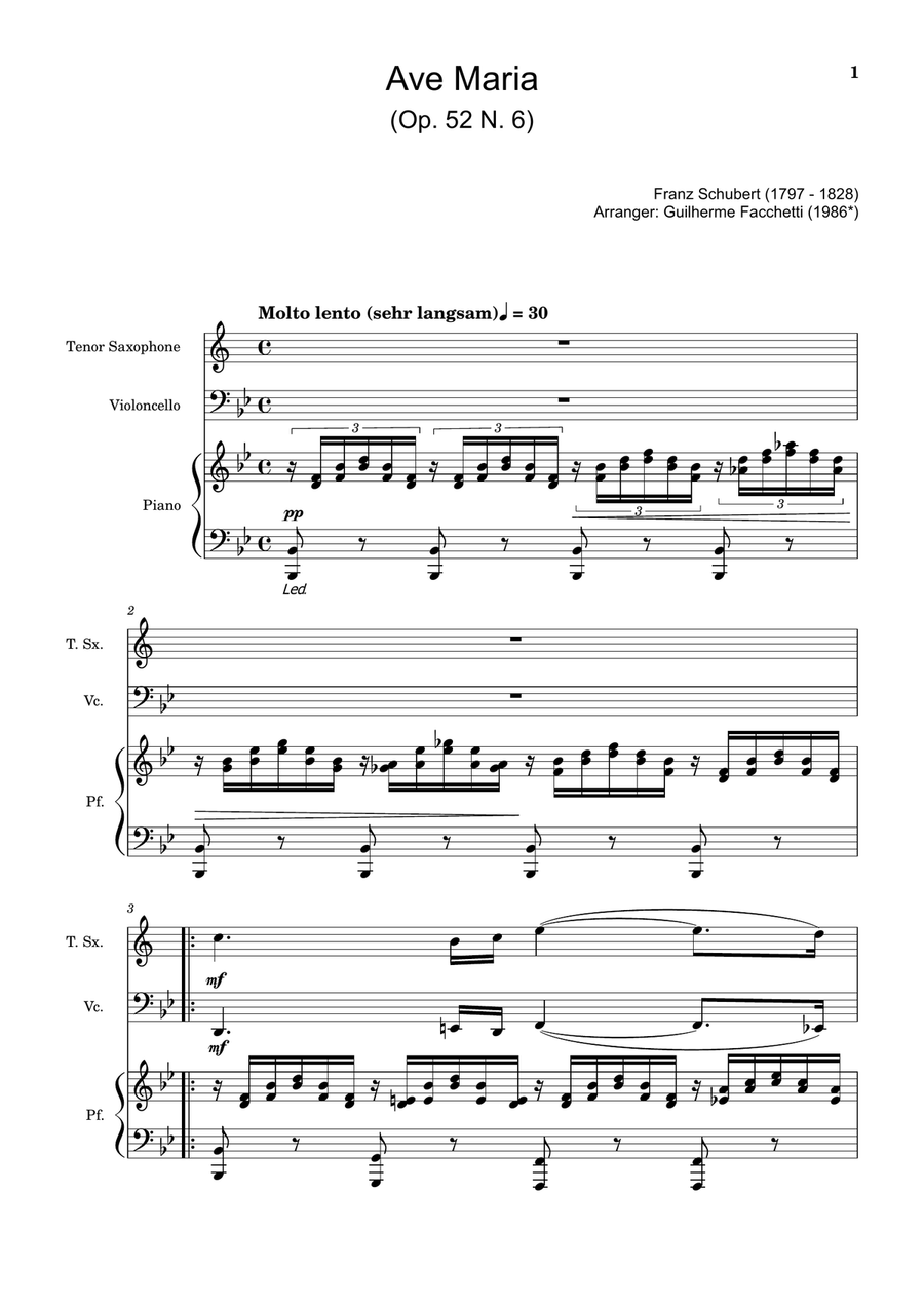 Ave Maria by F. Schubert – T. Sax, Cello and Piano. Score and Parts Small Ensemble scores gallery preview page 1
