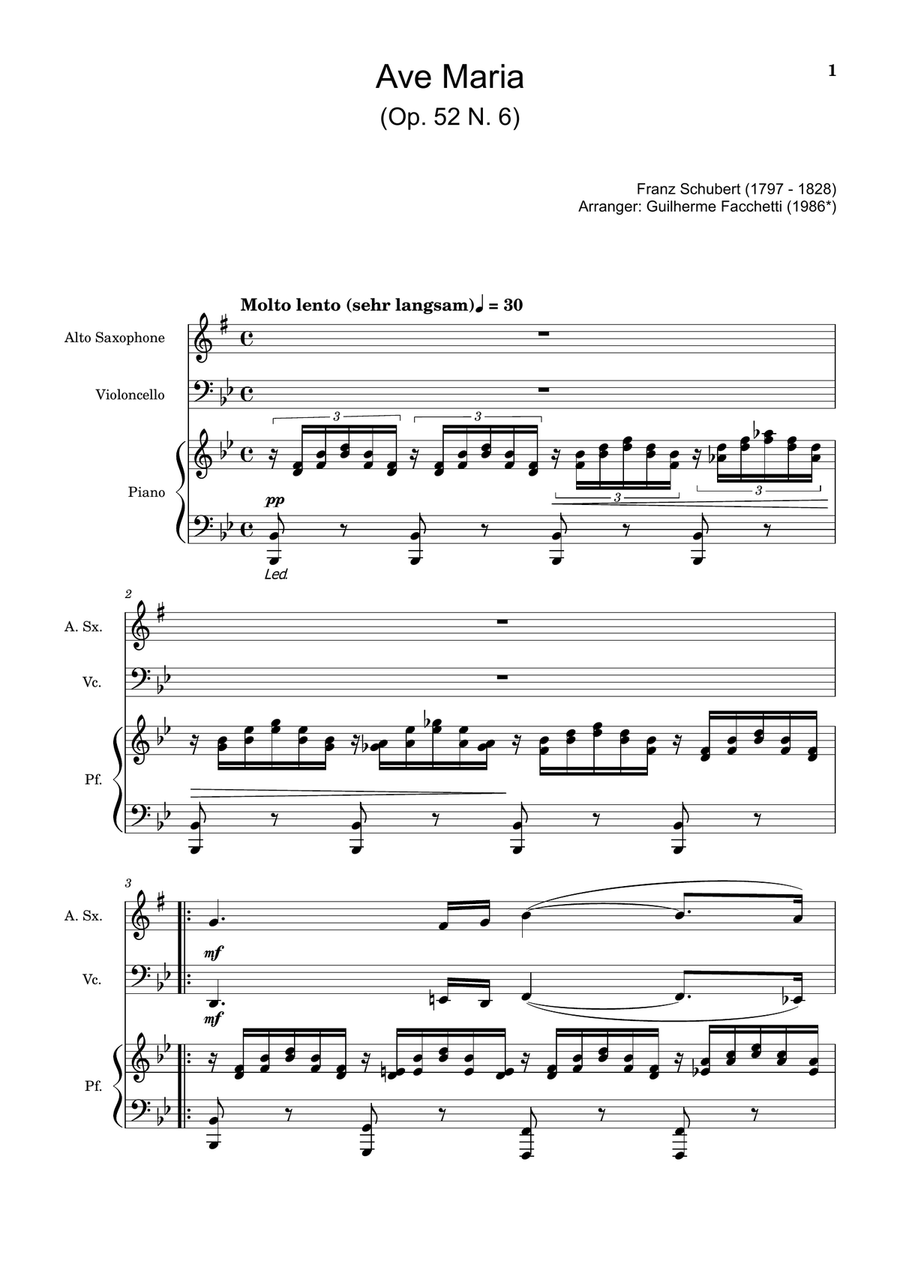 Ave Maria by F. Schubert – A. Sax, Cello and Piano. Score and Parts Small Ensemble scores gallery preview page 1