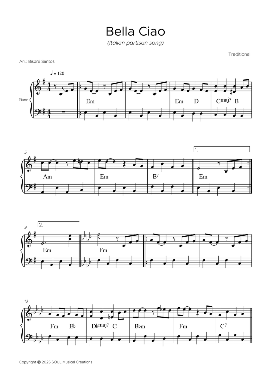 Bella Ciao Easy Piano scores gallery preview page 2