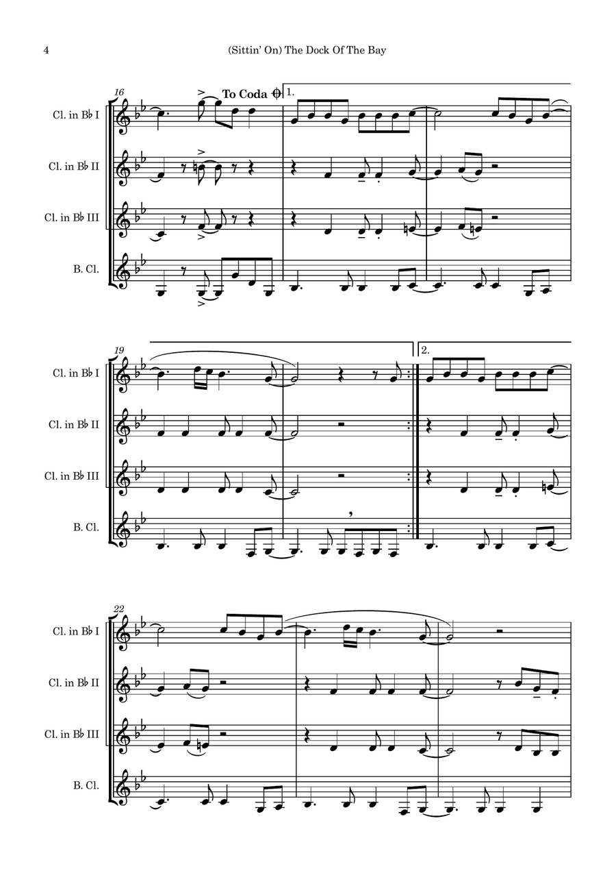 (Sittin' On) The Dock Of The Bay Clarinet Quartet scores gallery preview page 4
