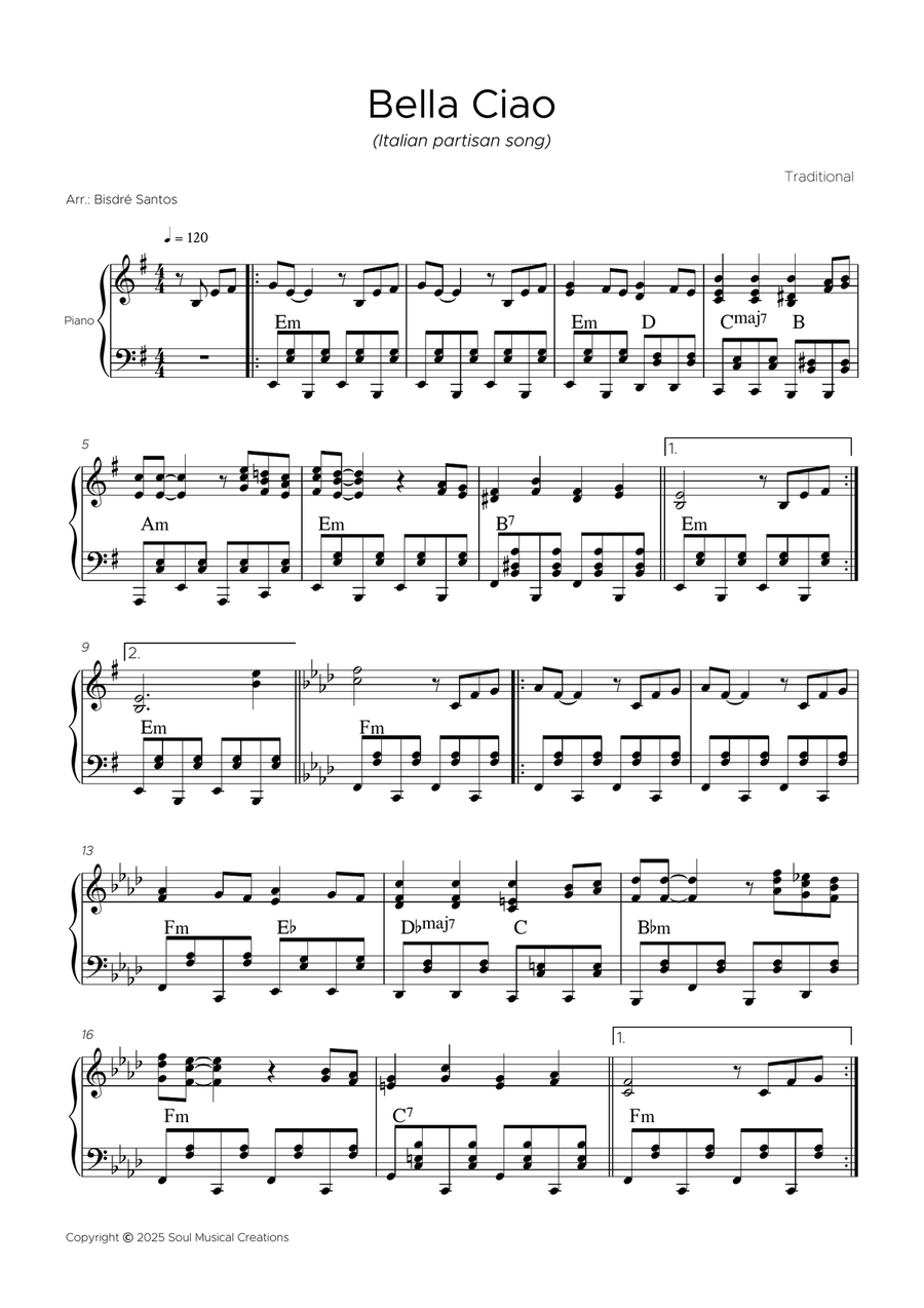Bella Ciao Piano Solo scores gallery preview page 2