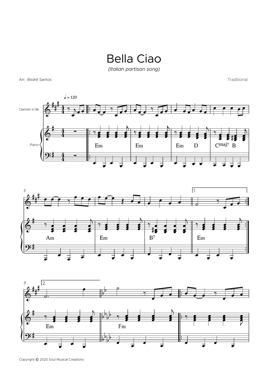 Bella Ciao B-Flat Clarinet scores gallery preview page 2