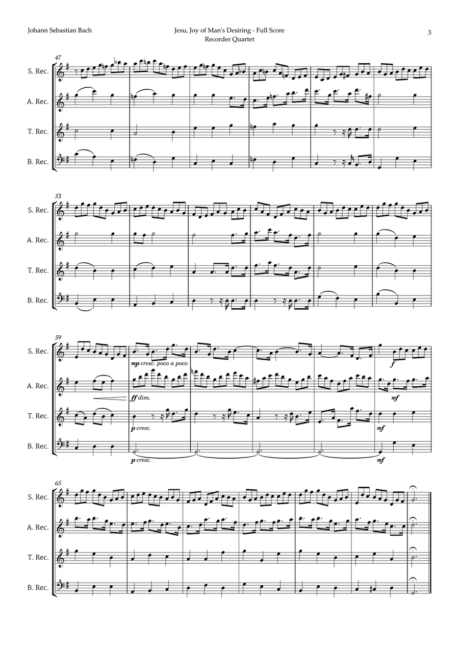 Jesu, Joy of Man's Desiring by Bach for Recorder Quartet Chamber Music scores gallery preview page 3