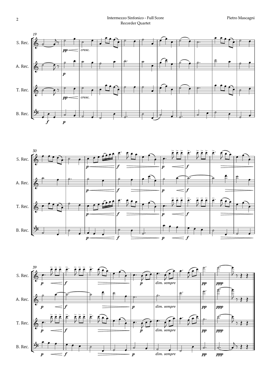 Intermezzo Sinfonico by Pietro Mascagni for Recorder Quartet Chamber Music scores gallery preview page 2