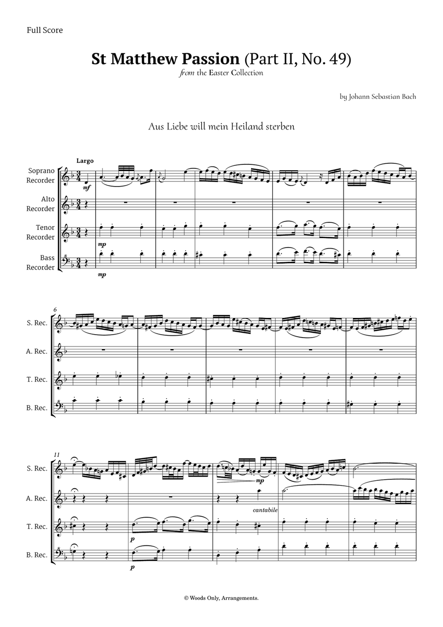 Aus Liebe will mein Heiland sterben by Bach for Recorder Quartet Chamber Music scores gallery preview page 1