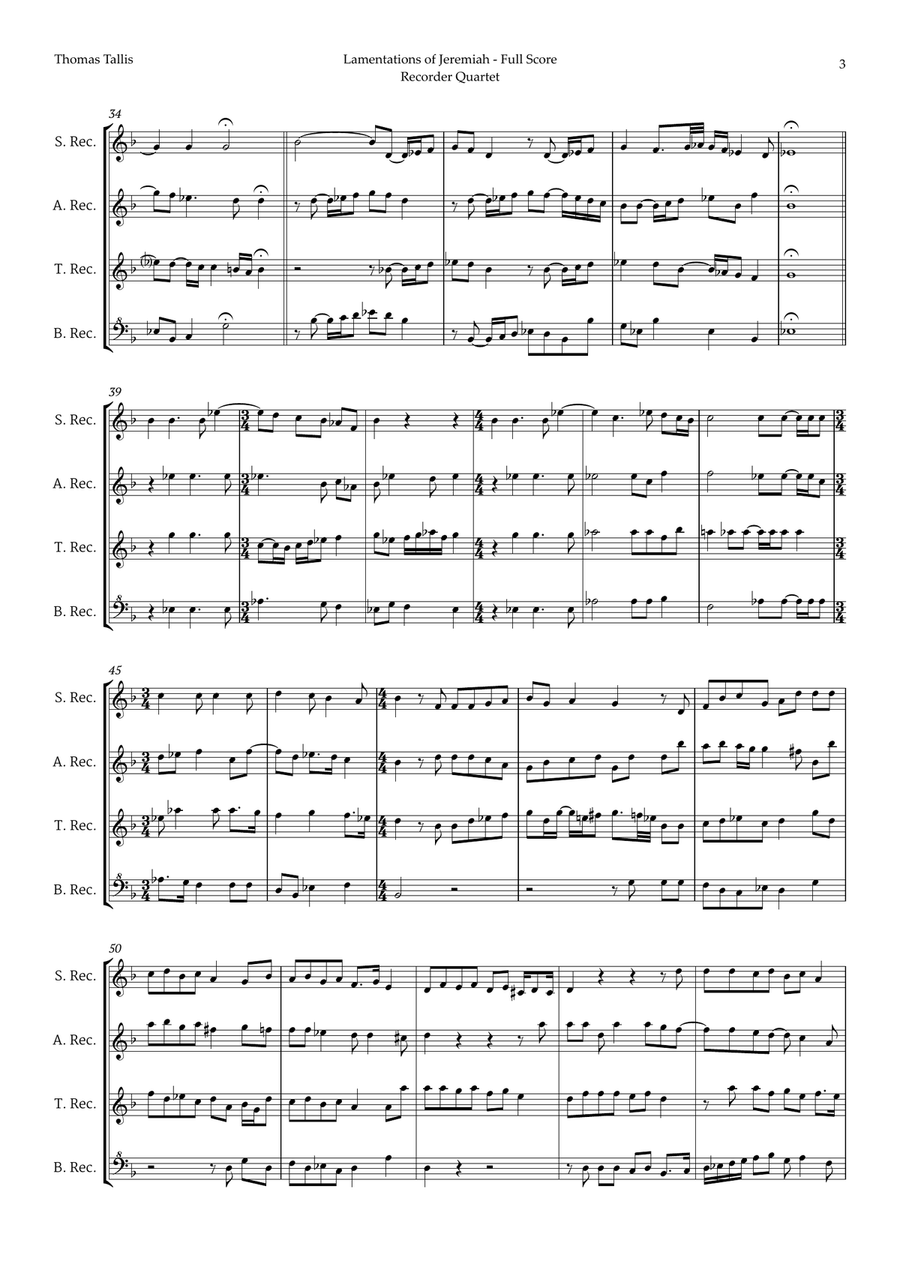 Lamentations of Jeremiah by Thomas Tallis for Recorder Quartet Chamber Music scores gallery preview page 3