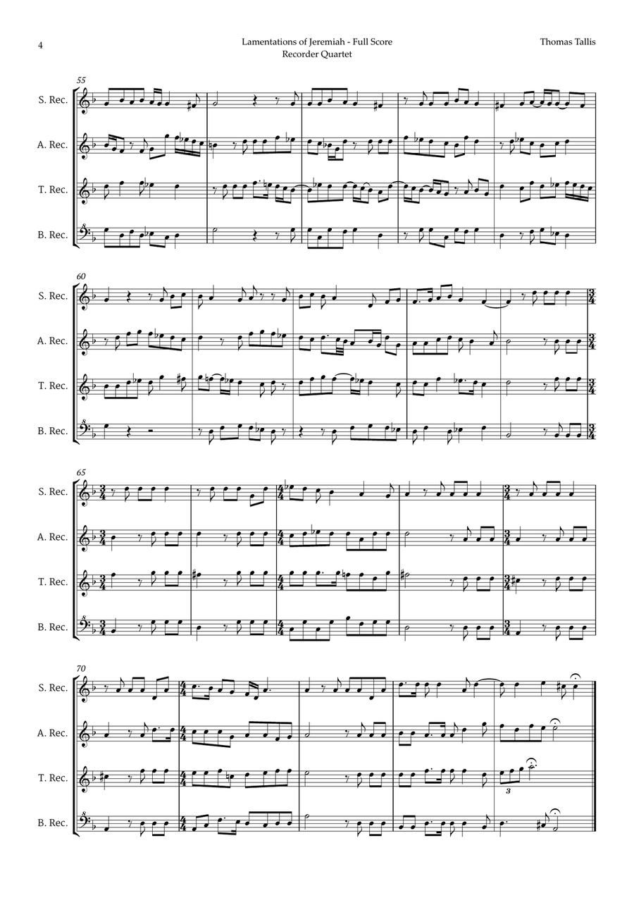 Lamentations of Jeremiah by Thomas Tallis for Recorder Quartet Chamber Music scores gallery preview page 4