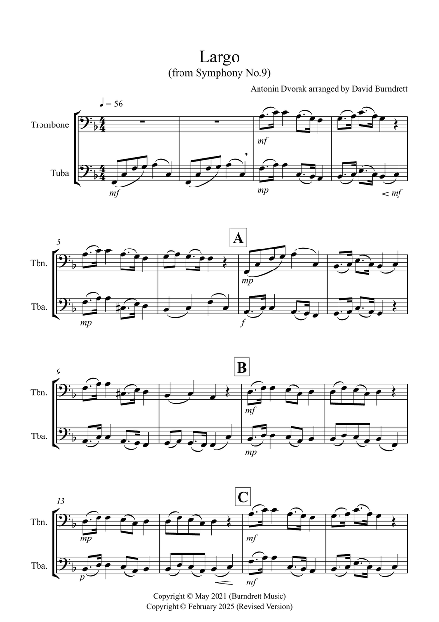 Largo (from The New World Symphony) for Trombone and Tuba Duet Brass Duet scores gallery preview page 1