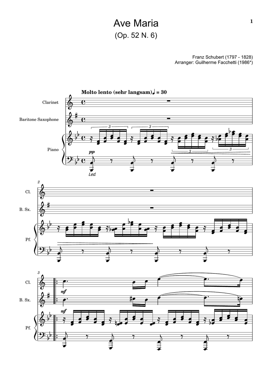 Ave Maria by F. Schubert – Clarinet, B. Sax and Piano. Score and Parts Small Ensemble scores gallery preview page 1