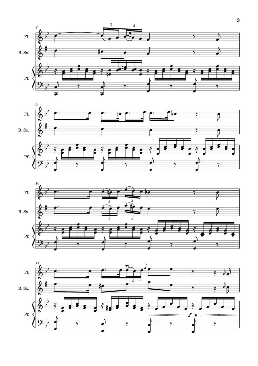 Ave Maria by F. Schubert – Flute, B. Sax and Piano. Score and Parts Small Ensemble scores gallery preview page 3