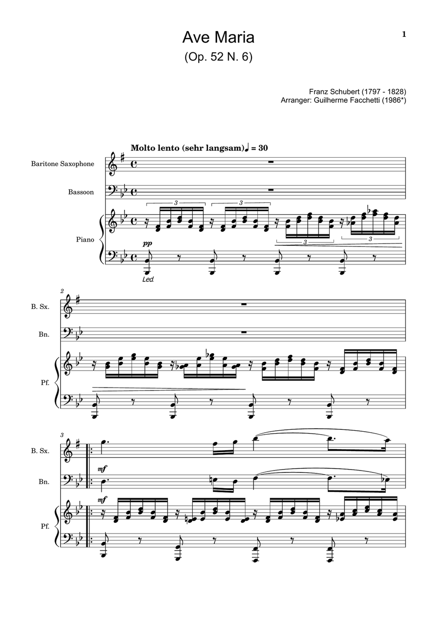 Ave Maria by F. Schubert – B. Sax, Bassoon and Piano. Score and Parts Small Ensemble scores gallery preview page 1