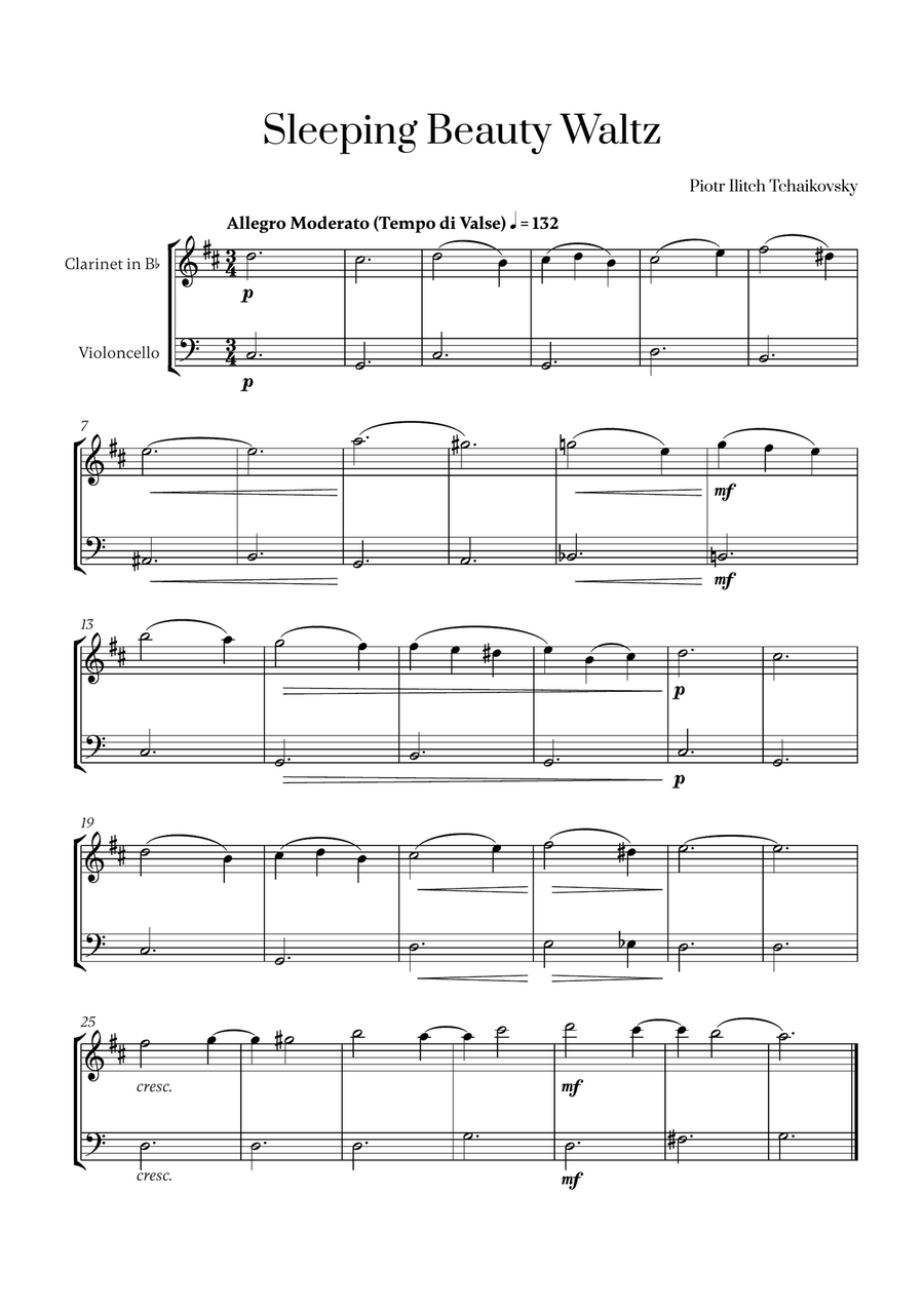 Tchaikovsky - Sleeping Beauty Waltz for Clarinet and Cello B-Flat Clarinet scores gallery preview page 1