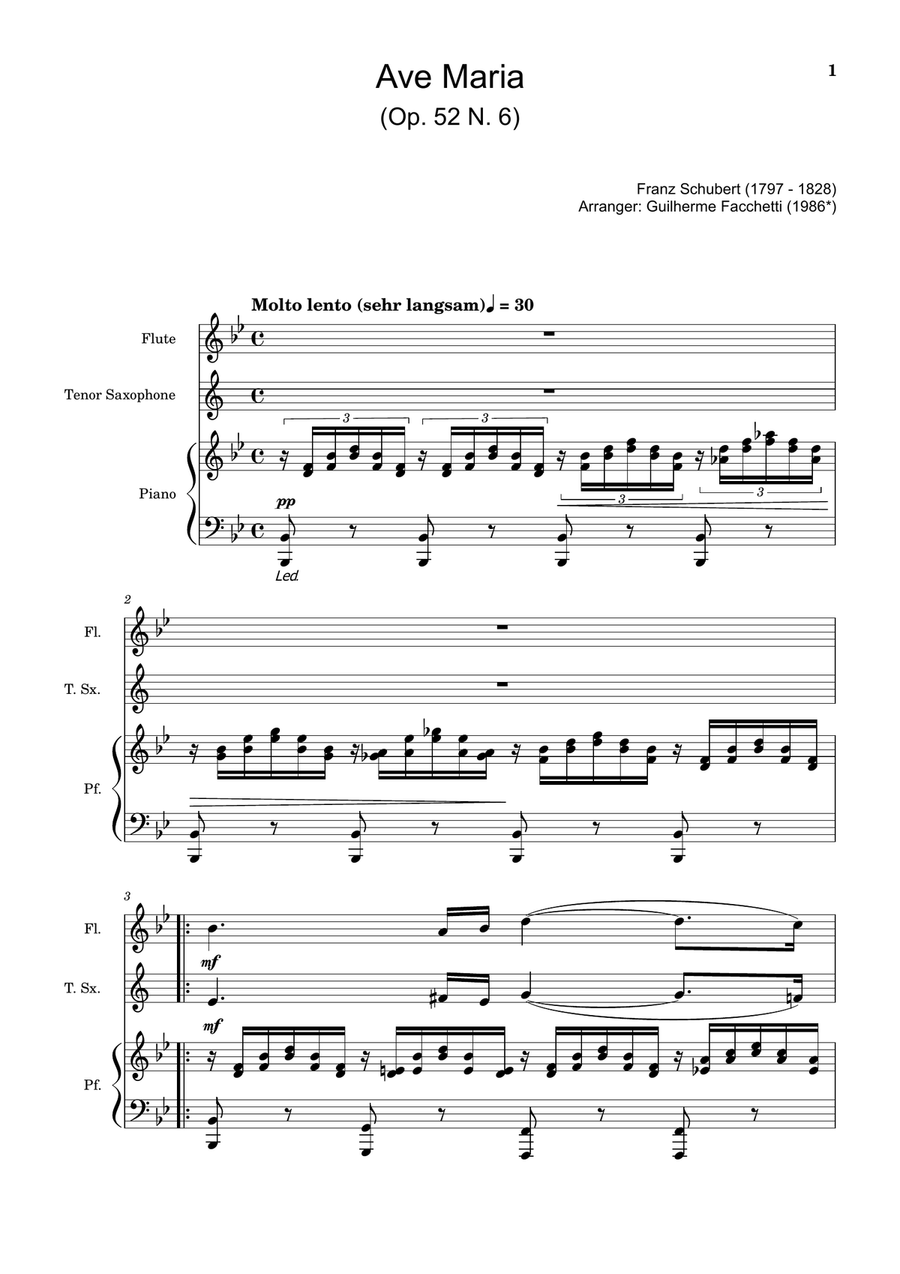 Ave Maria by F. Schubert – Flute, T. Sax and Piano. Score and Parts Small Ensemble scores gallery preview page 1