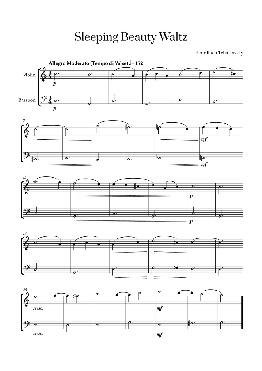 Tchaikovsky - Sleeping Beauty Waltz for Violin and Bassoon Bassoon scores gallery preview page 1