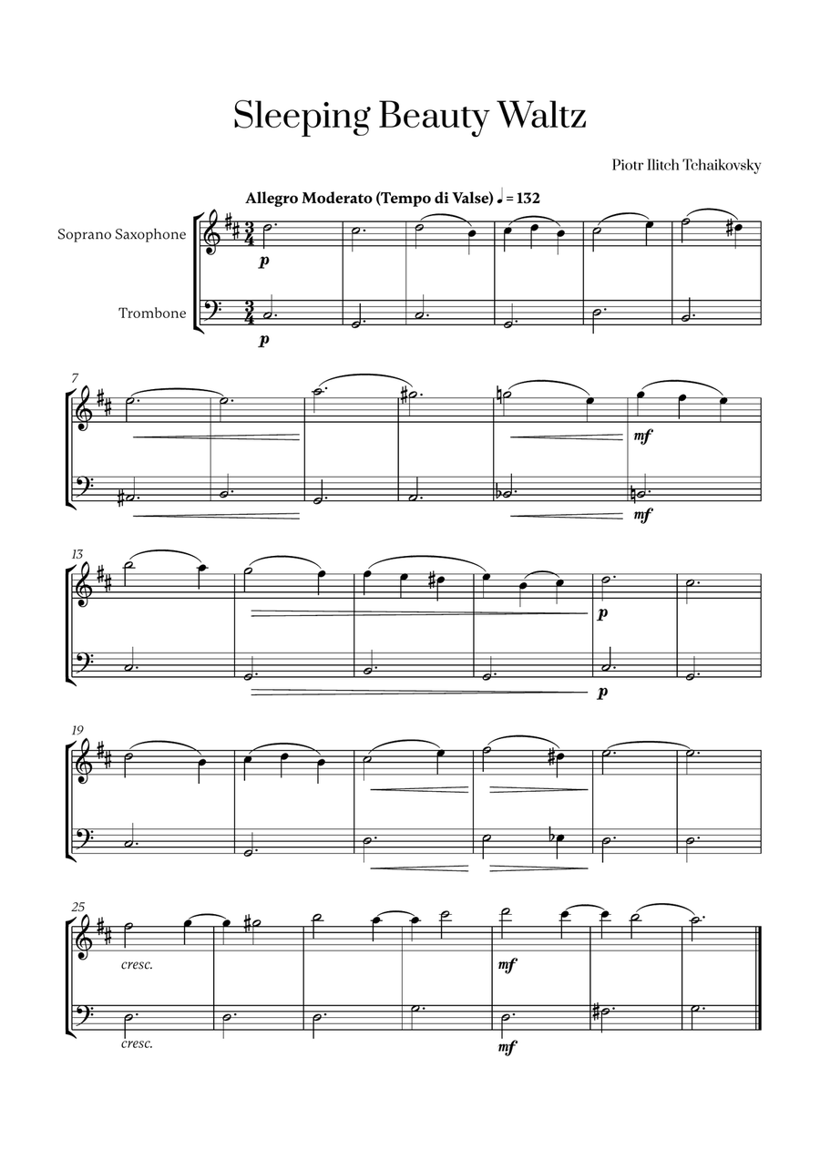 Tchaikovsky - Sleeping Beauty Waltz for Soprano Saxophone and Trombone Trombone Duet scores gallery preview page 1