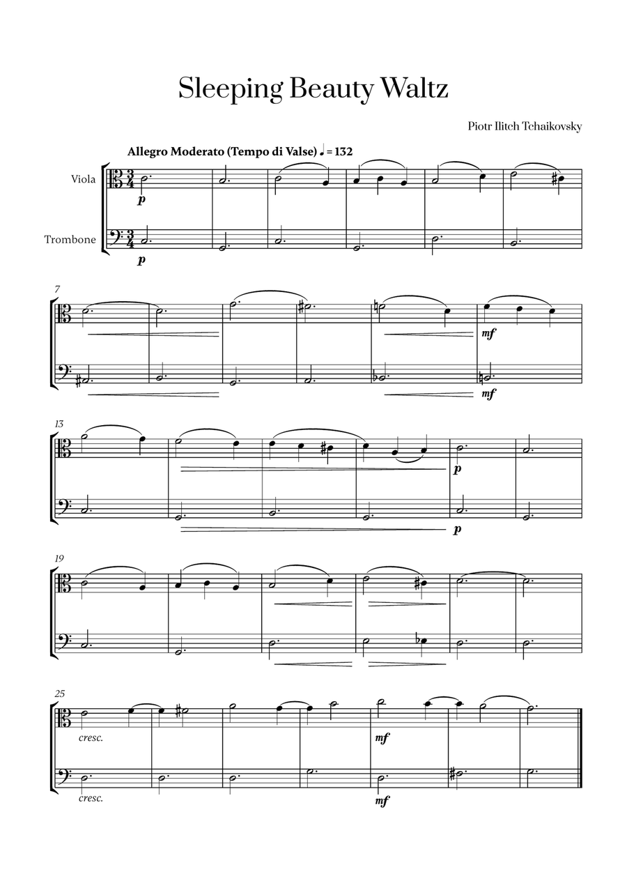 Tchaikovsky - Sleeping Beauty Waltz for Viola and Trombone Trombone scores gallery preview page 1