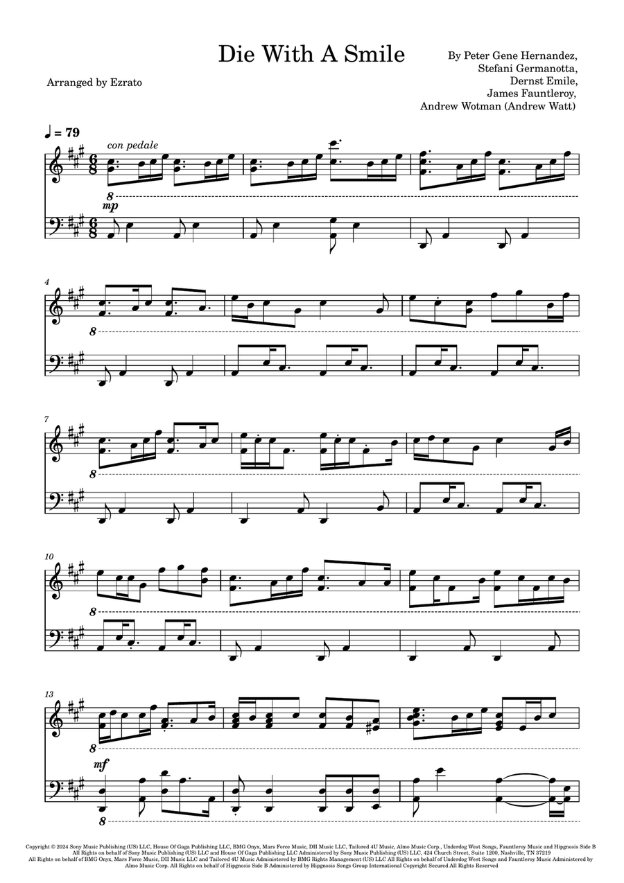 Die With A Smile Die With A Smile Piano Solo scores gallery preview page 1