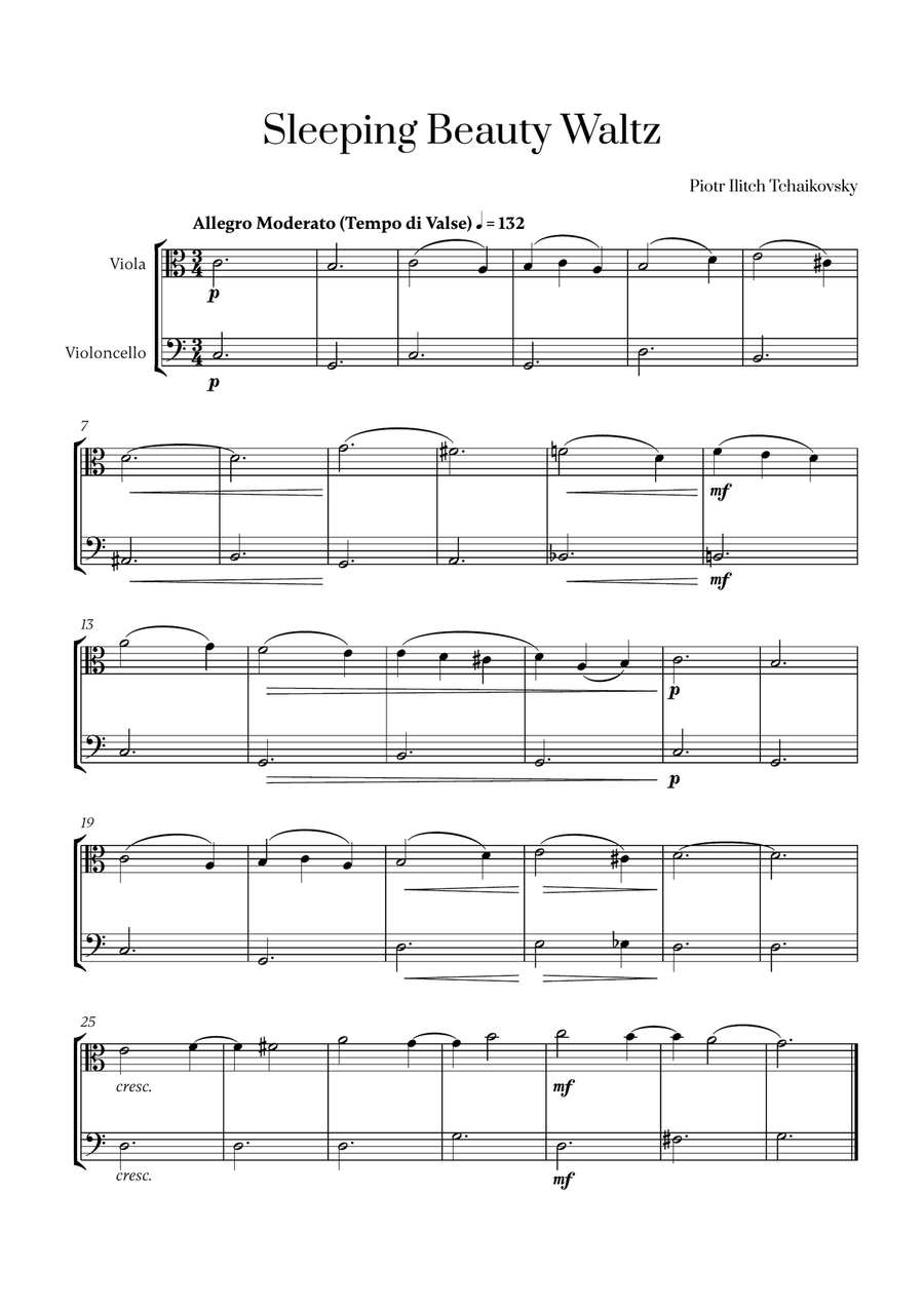 Tchaikovsky - Sleeping Beauty Waltz for Viola and Cello String Duet scores gallery preview page 1