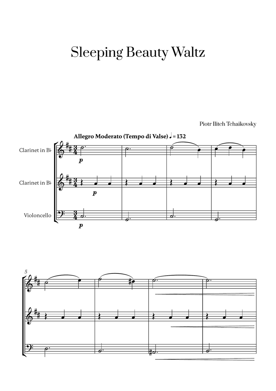 Tchaikovsky - Sleeping Beauty Waltz (for 2 Clarinets and Cello) Small Ensemble scores gallery preview page 1