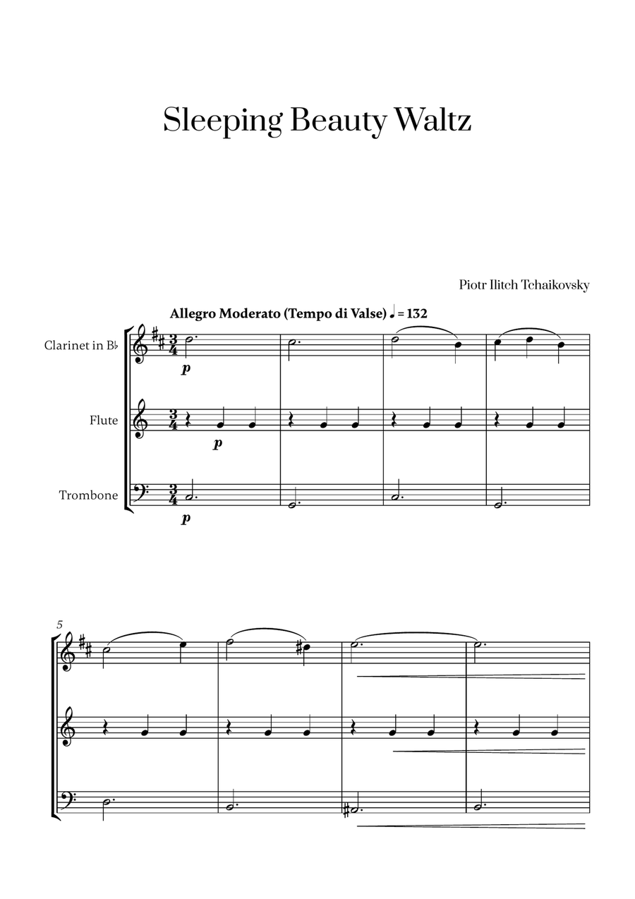 Tchaikovsky - Sleeping Beauty Waltz (for Clarinet, Flute and Trombone) Small Ensemble scores gallery preview page 1