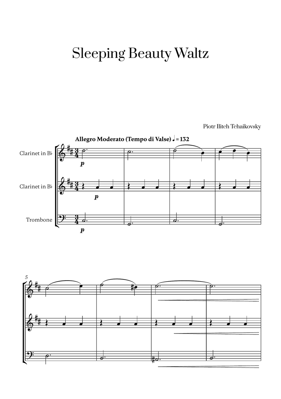 Tchaikovsky - Sleeping Beauty Waltz (for 2 Clarinets and Trombone) Small Ensemble scores gallery preview page 1