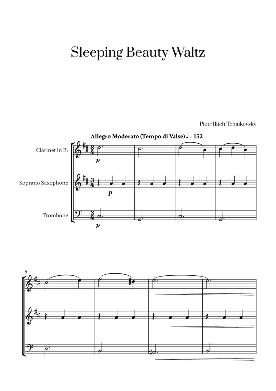 Tchaikovsky - Sleeping Beauty Waltz (for Clarinet, Soprano Saxophone and Trombone) Small Ensemble scores gallery preview page 1