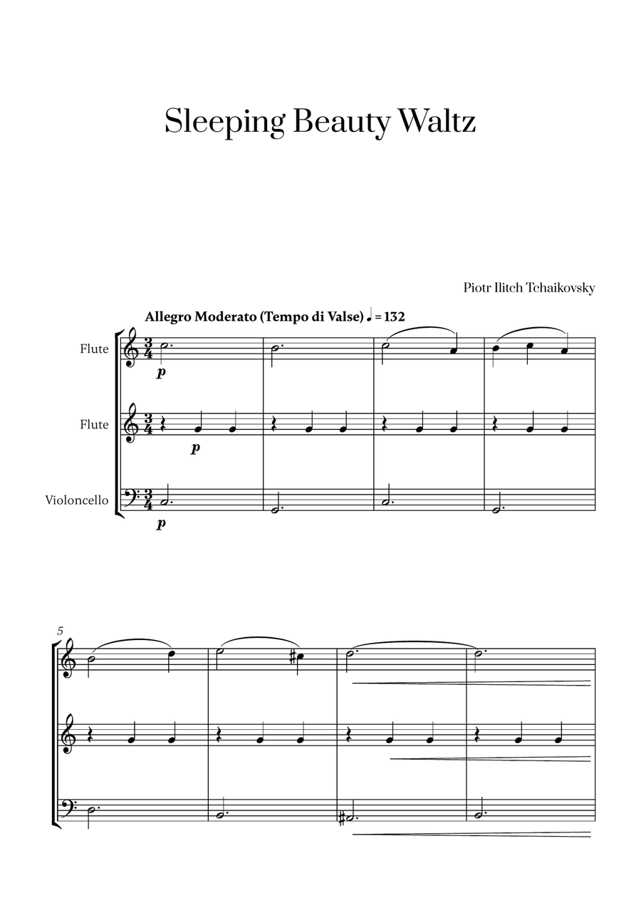 Tchaikovsky - Sleeping Beauty Waltz (for 2 Flutes and Cello) Small Ensemble scores gallery preview page 1