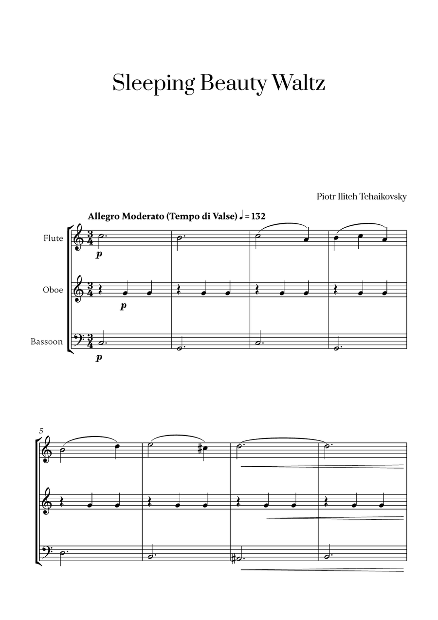 Tchaikovsky - Sleeping Beauty Waltz (for Flute, Oboe and Bassoon) Small Ensemble scores gallery preview page 1