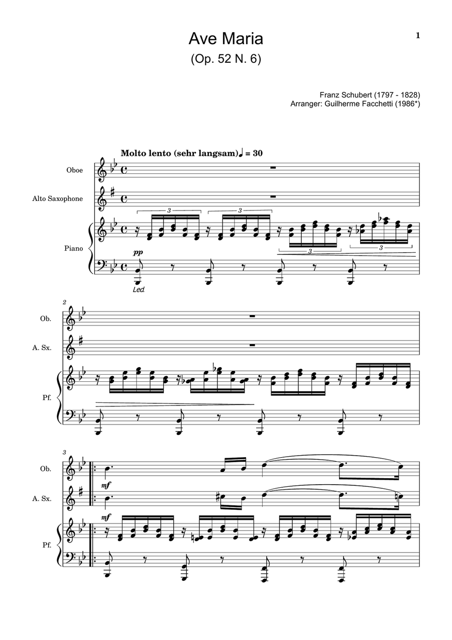 Ave Maria by F. Schubert – Oboe, A. Sax and Piano. Score and Parts Small Ensemble scores gallery preview page 1