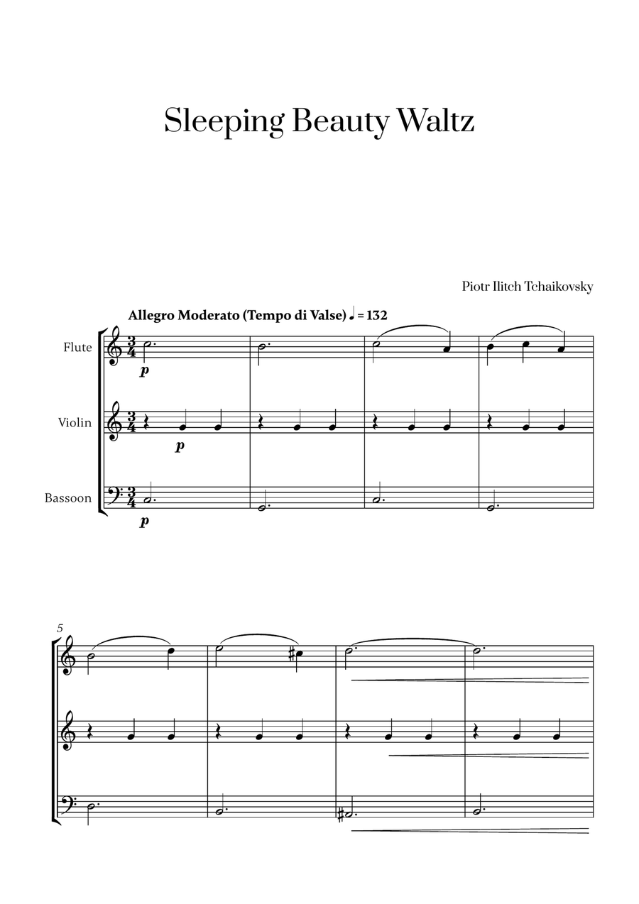 Tchaikovsky - Sleeping Beauty Waltz (for Flute, Violin and Bassoon) Small Ensemble scores gallery preview page 1