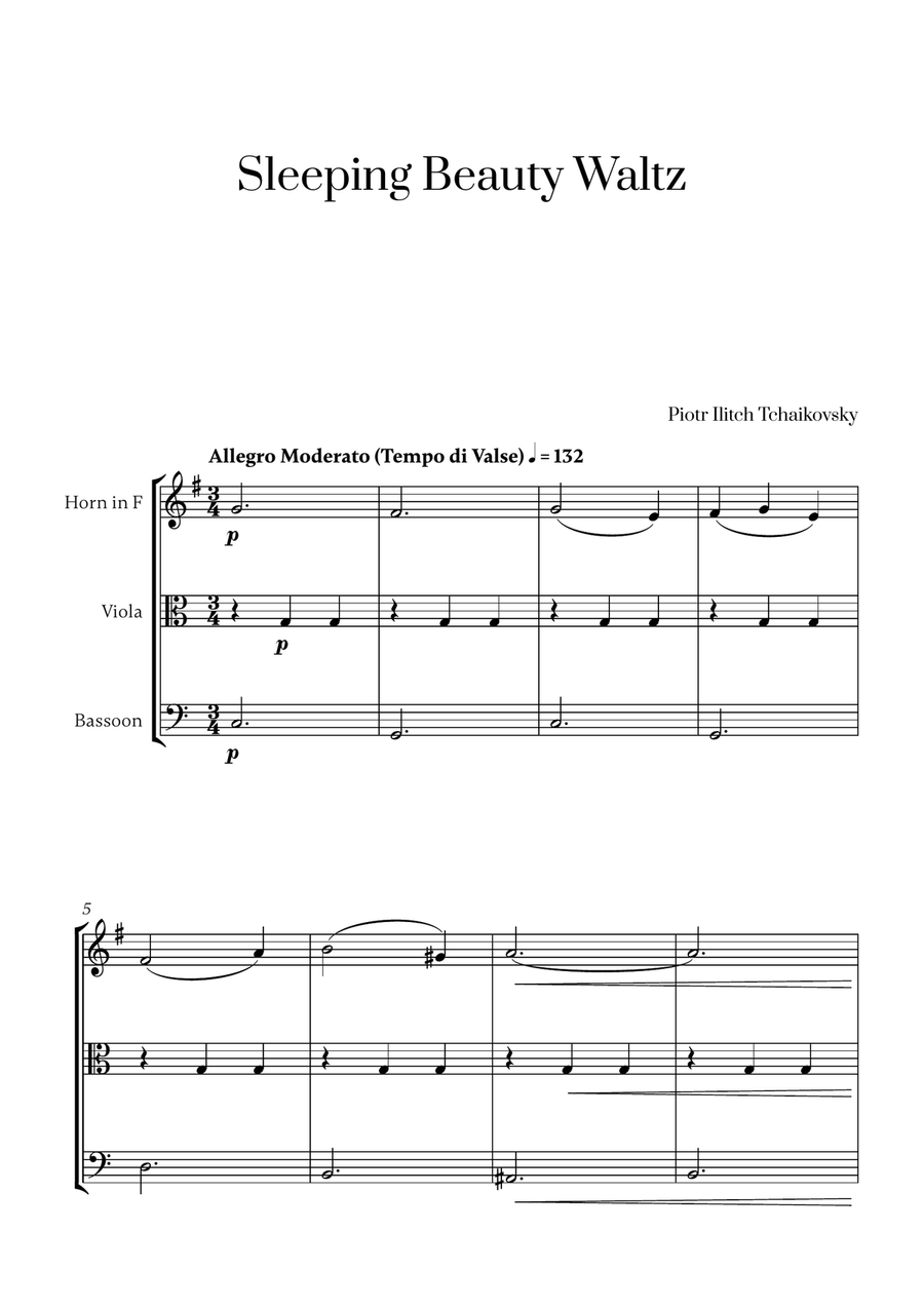 Tchaikovsky - Sleeping Beauty Waltz (for French Horn, Viola and Bassoon) Small Ensemble scores gallery preview page 1