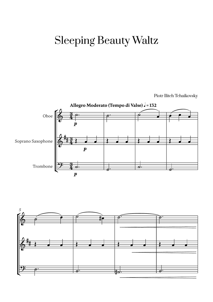 Tchaikovsky - Sleeping Beauty Waltz (for Oboe, Soprano Saxophone and Trombone) Small Ensemble scores gallery preview page 1