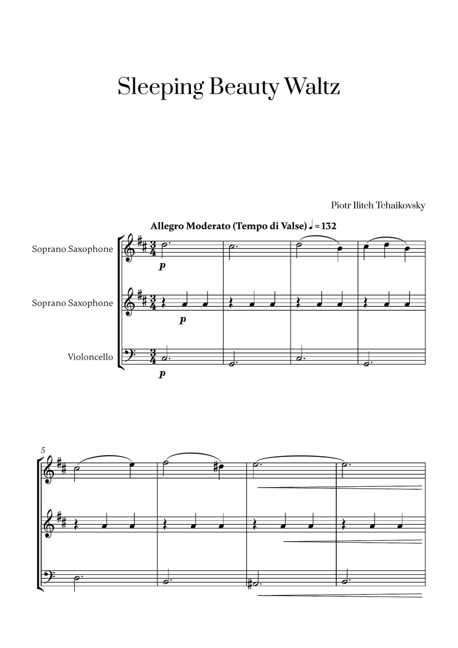Tchaikovsky - Sleeping Beauty Waltz (for 2 Soprano Saxophones and Cello) Small Ensemble scores gallery preview page 1