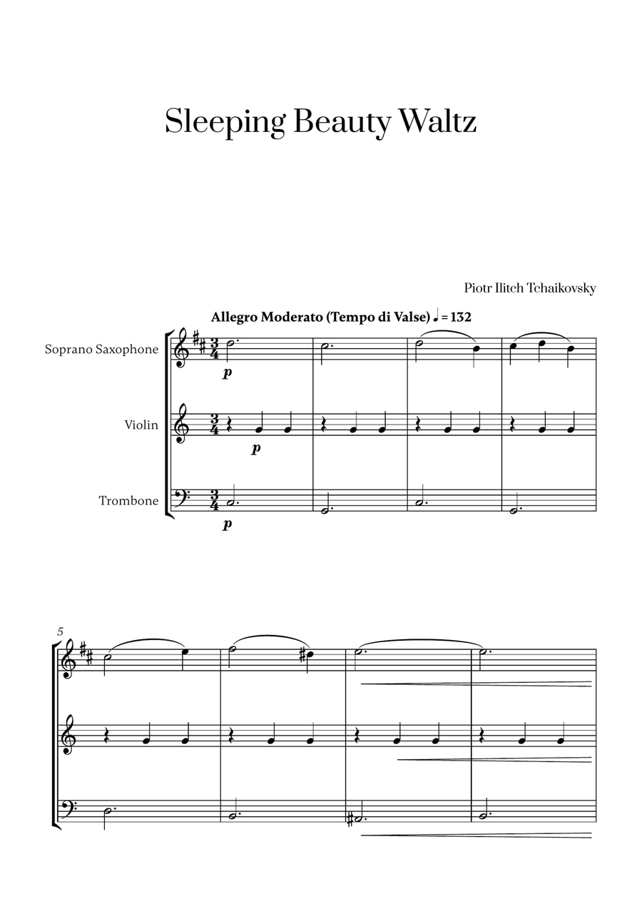 Tchaikovsky - Sleeping Beauty Waltz (for Soprano Saxophone, Violin and Trombone) Small Ensemble scores gallery preview page 1