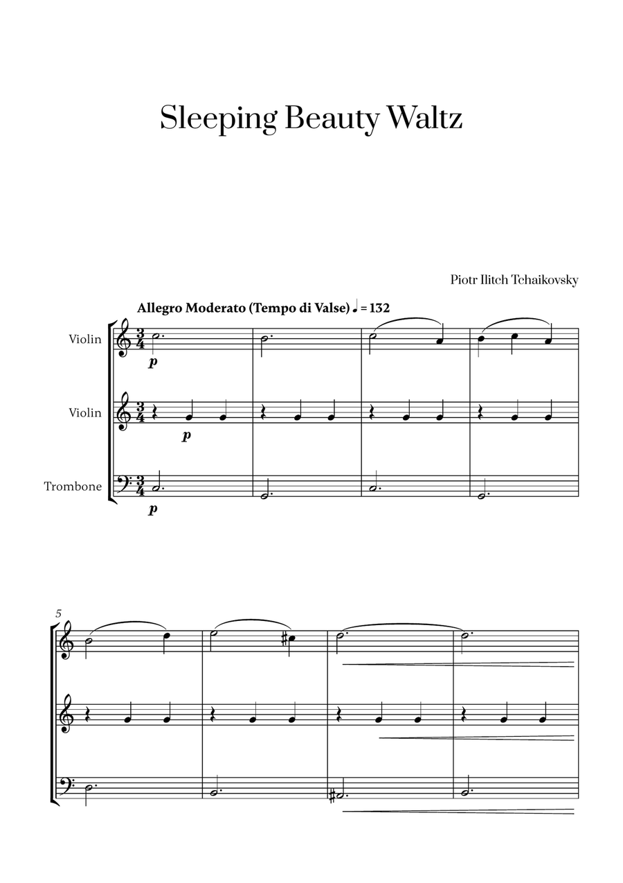 Tchaikovsky - Sleeping Beauty Waltz (for 2 Violins and Trombone) Small Ensemble scores gallery preview page 1