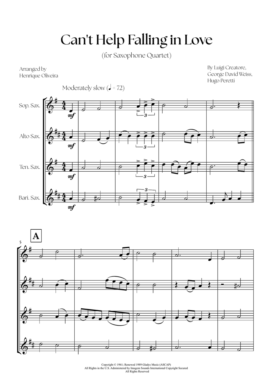 Can't Help Falling In Love Saxophone Quartet scores gallery preview page 1
