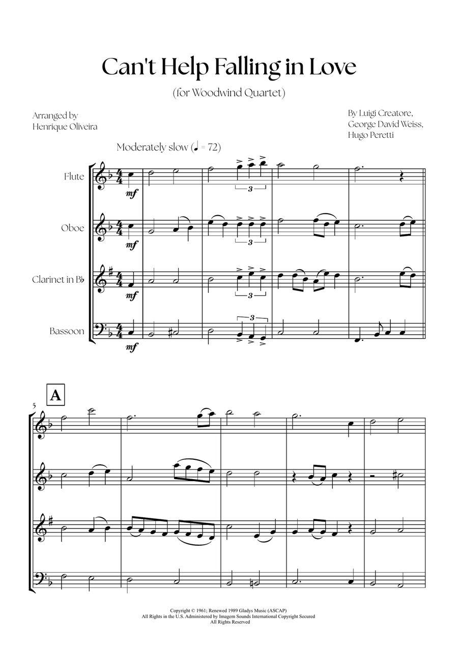 Can't Help Falling In Love Woodwind Quartet scores gallery preview page 1