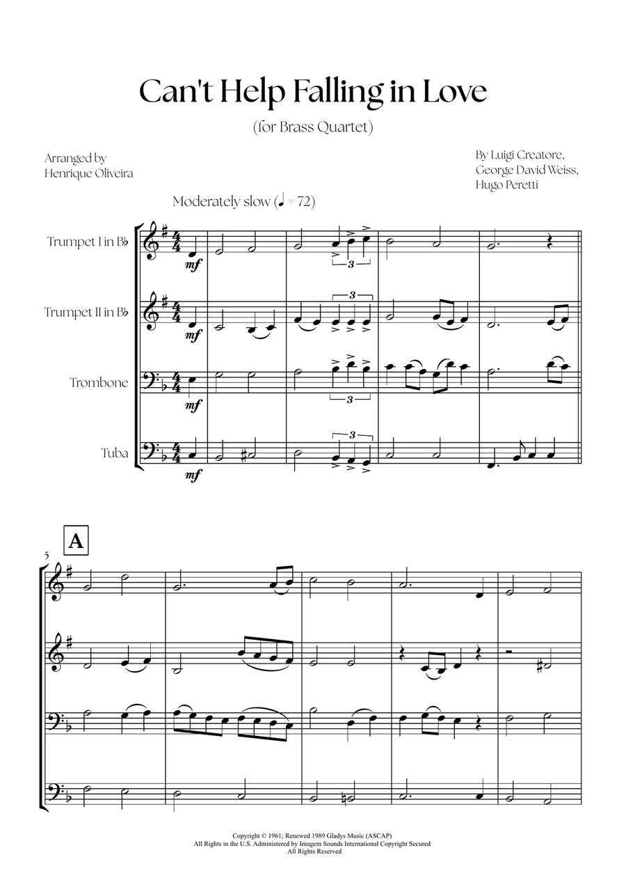 Can't Help Falling In Love Brass Quartet scores gallery preview page 1