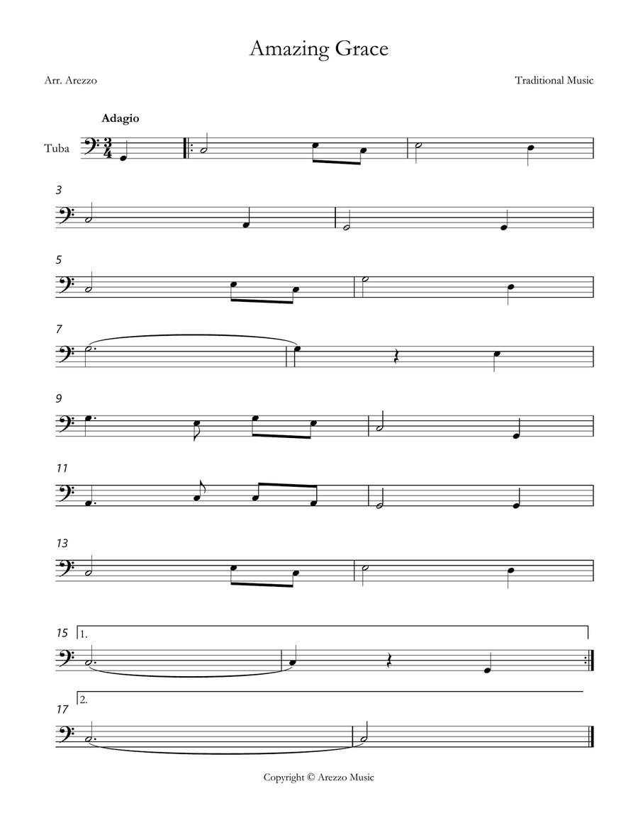 john newton amazing grace Tuba lead sheet in C major Tuba scores gallery preview page 1