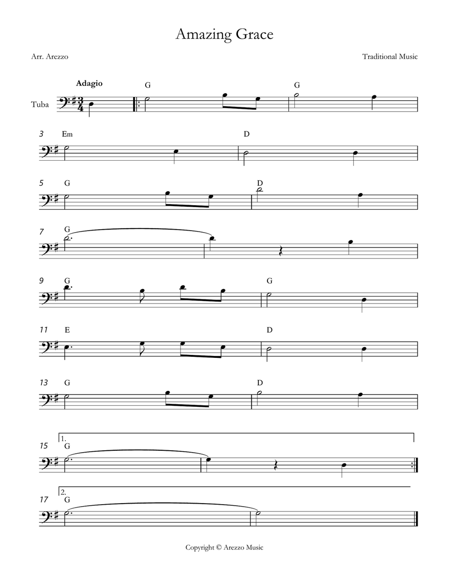 john newton amazing grace Tuba lead sheet in G major Chord Symbols Tuba scores gallery preview page 1