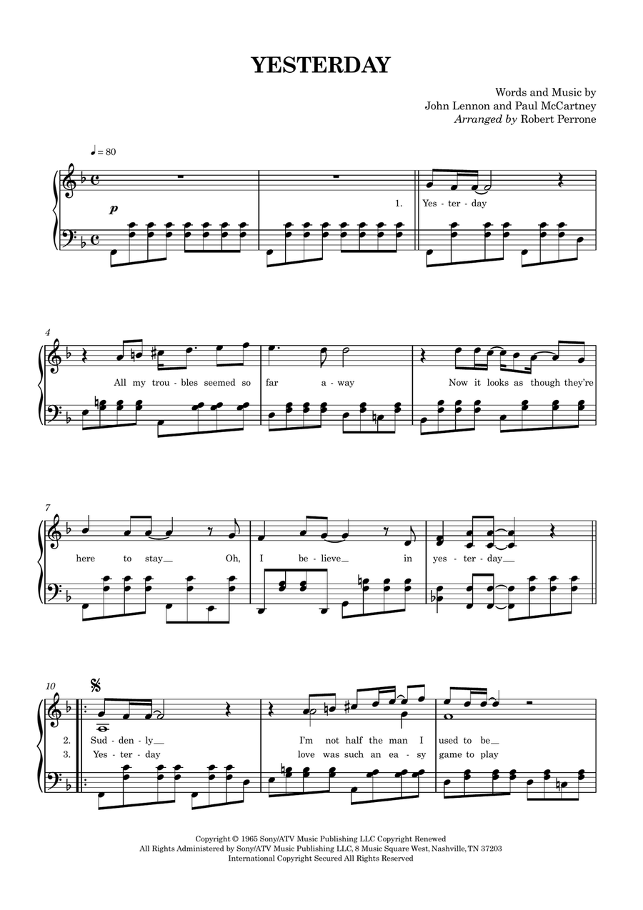 Yesterday Yesterday Piano Solo scores gallery preview page 1