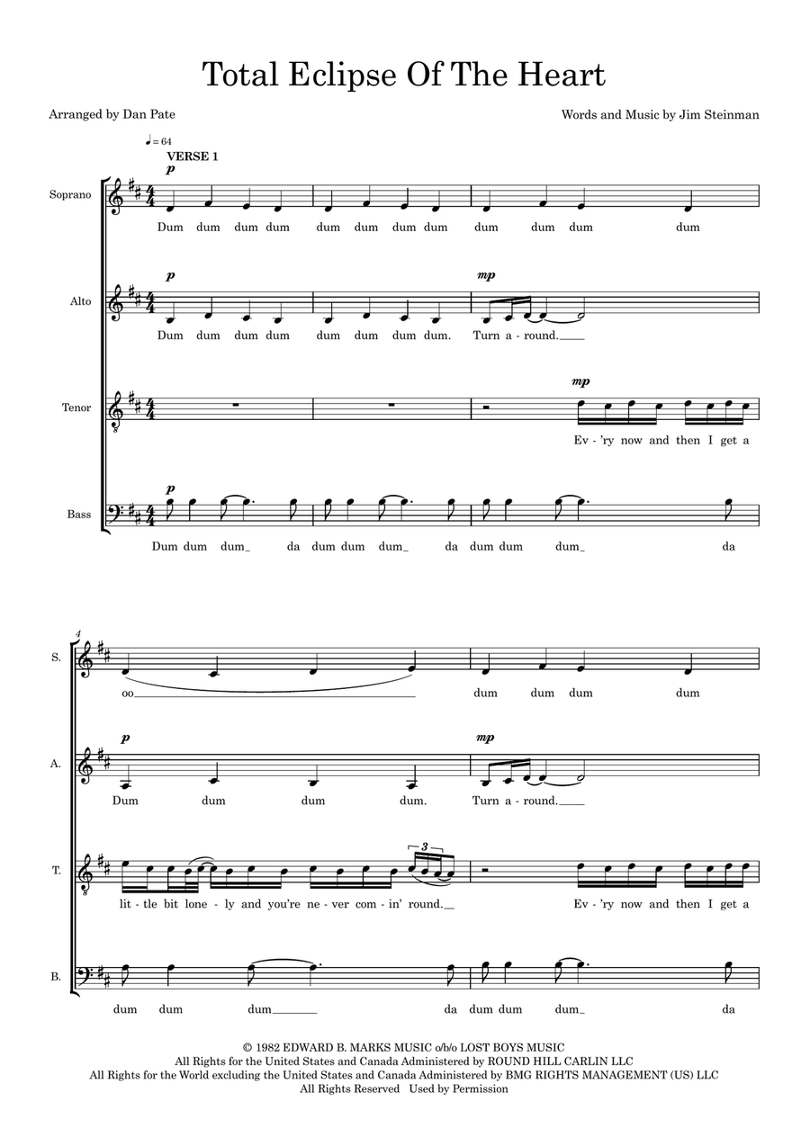 Total Eclipse Of The Heart (arr. Dan Pate) 4-Part scores gallery preview page 1