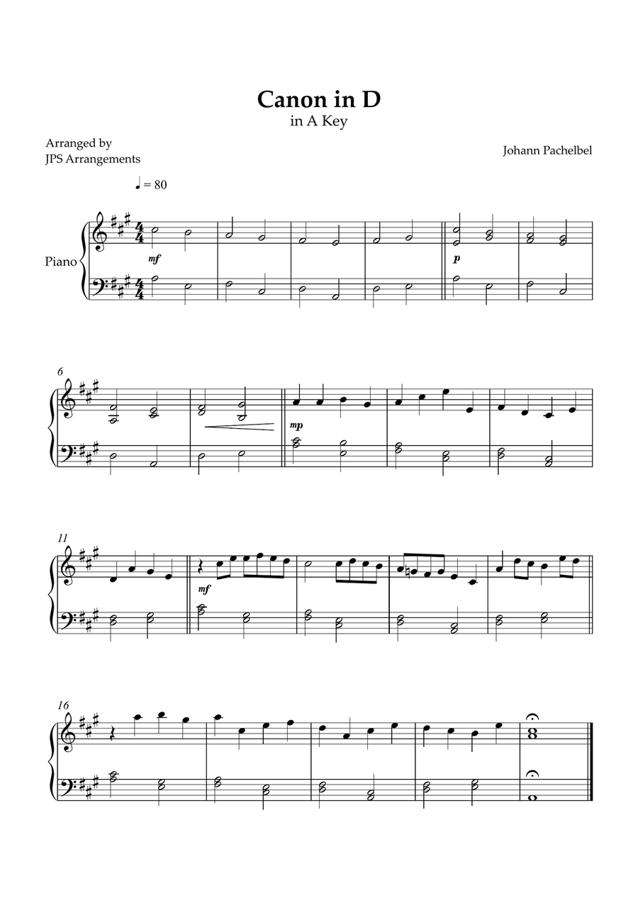 Canon in D for easy piano in A key Easy Piano scores gallery preview page 1
