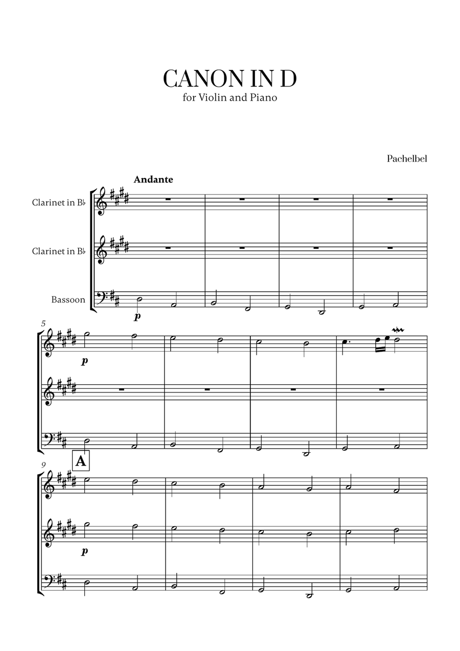 Pachelbel - Canon in D (for 2 Clarinets and Bassoon) Small Ensemble scores gallery preview page 1