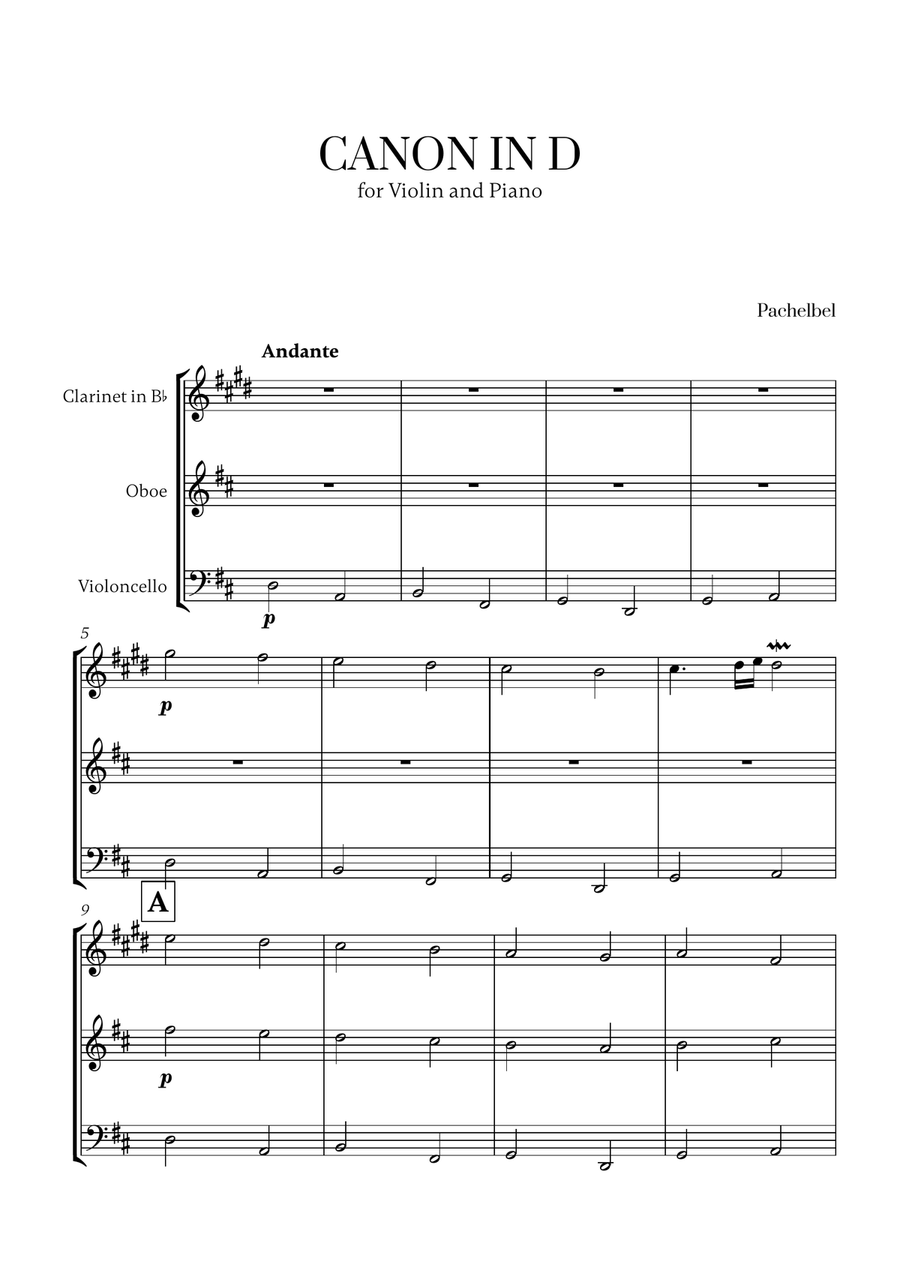 Pachelbel - Canon in D (for Clarinet, Oboe and Cello) Small Ensemble scores gallery preview page 1