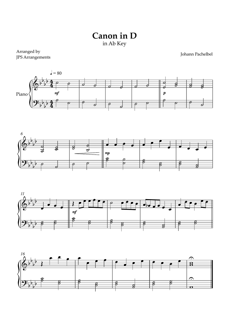Canon in D for easy piano in Ab key Easy Piano scores gallery preview page 1