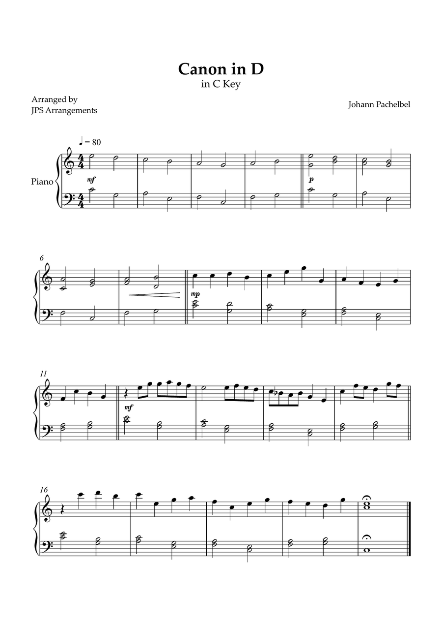 Canon in D for easy piano in C key Easy Piano scores gallery preview page 1