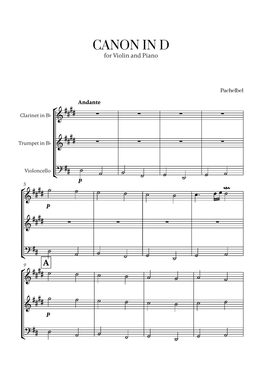 Pachelbel - Canon in D (for Clarinet, Trumpet and Cello) Small Ensemble scores gallery preview page 1