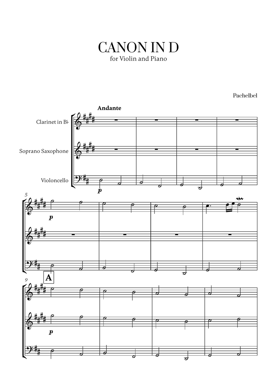 Pachelbel - Canon in D (for Clarinet, Soprano Saxophone and Cello) Small Ensemble scores gallery preview page 1