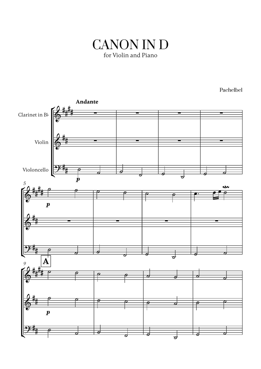 Pachelbel - Canon in D (for Clarinet, Violin and Cello) Small Ensemble scores gallery preview page 1